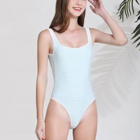 Light Blue Contrasted Binding High Cut Rib Swimsuit 