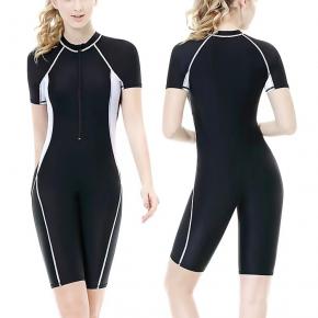 Short Sleeve / Zipper Center Front Constrasted Swimsuit 