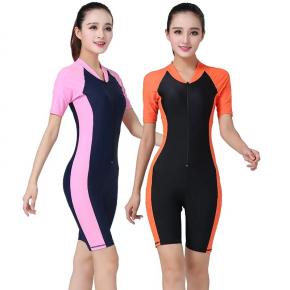 Short Sleeve / Zipper Center Front Constrasted Swimsuit 